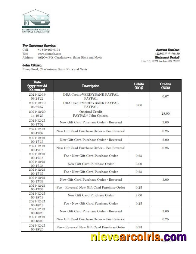 Saint Kitts and Nevis SKNA Bank statement